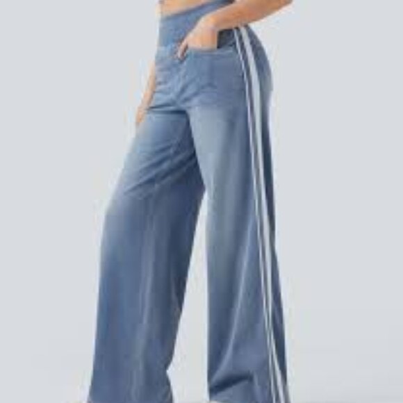 20-NWOT HALARA HIGH WASTED STRIPE WIDE LEG JEANS WITH POCKETS -M REGULAR - Picture 2 of 5